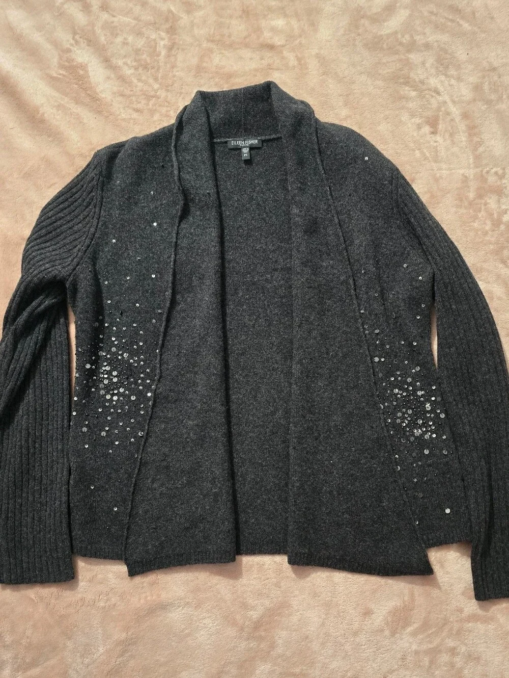 Eileen Fisher Merino Wool Cashmere Sequin Cardigan Gray Ribbed Sleeves Petite S
